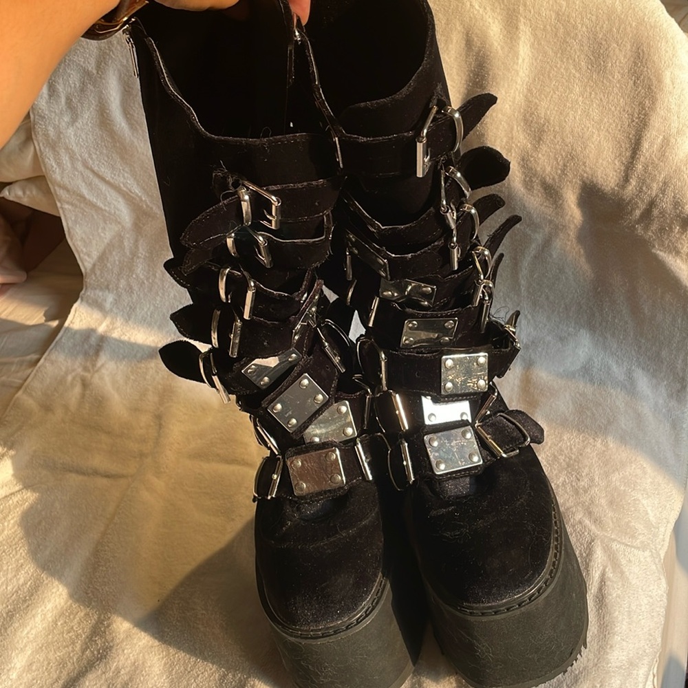 Demonia Knee High Boots Velvet Black Goth - image 1